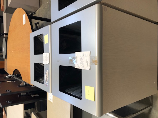 2-Tiered Trash Receptacle with Hinged Doors. Neutral Wood/Aluminum Metallic (304756)